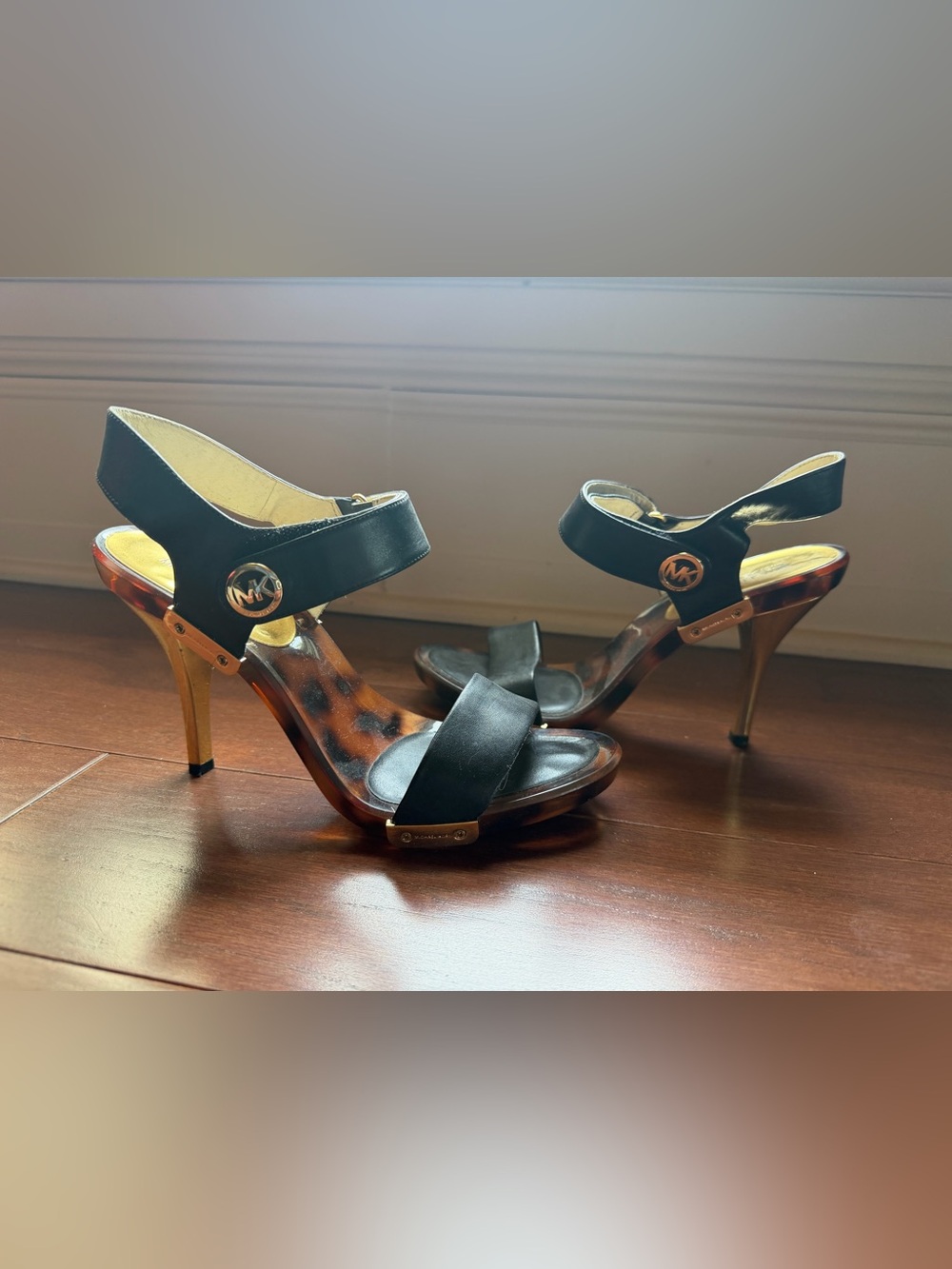 Michael Kors Black Leather Heeled Sandals with Tortoiseshell Platform
